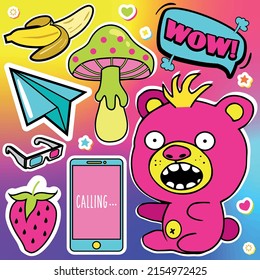 Cool, crazy collection of bright, neon stickers of cute characters of teddy bear, acid mushroom, paper plane, banana, smartphone, strawberry, wow text. Modern pop art set on trendy background.