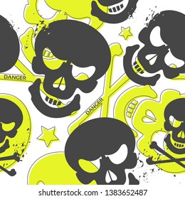 cool and creative grunge seamless pattern with skulls and stars, the flat shapes contain trendy neon green and gray colors, ideal for print, textile, web, and other designs, eps10 vector illustration
