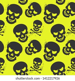 cool and creative grunge seamless pattern with gray skulls on neon green background, ideal for print, textile, web, and other designs, bicolor style, eps10 vector illustration