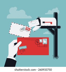 Cool creative vector concept design on incoming correspondence and mail delivery with curbside mailbox on pole and abstract postman hand holding red envelope with stamps