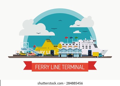 Cool creative vector detailed boarding ferryboat ship at ferry line terminal | Seaway connection transport ferry service background. Ideal for web site or social media network cover profile image