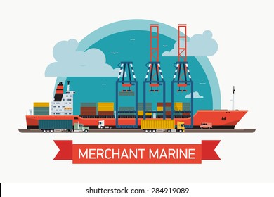 Cool creative vector detailed container ship at freight port terminal unloading | Merchant marine background, boat, cranes, trucks. Ideal for web site or social media network cover profile image