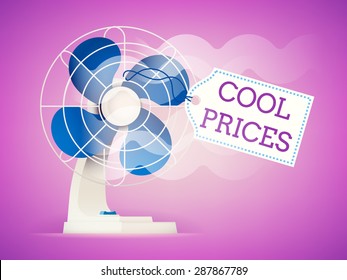 Cool creative vector web banner or poster design on cool prices special sale offer commercial. Cooling fan blowing on price tag with sample text. Ideal for discount and sale promotion