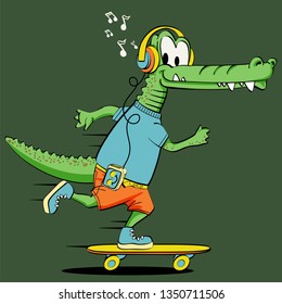 cool crocodile cartoon. aligator skateboard illustration