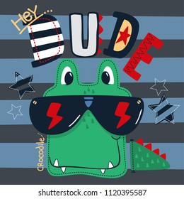 Cool crocodile face cartoon wearing sunglasses on striped background illustration vector. 