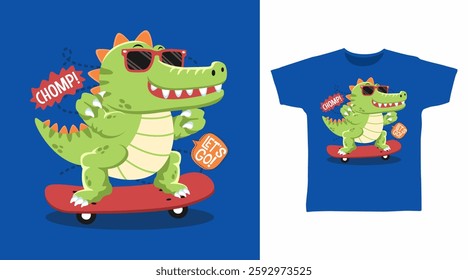 Cool crocodile play skateboard hand drawn, ready for print on t shirt and other uses