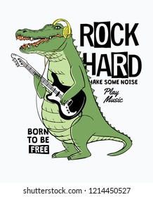 Cool Crocodile Playing Guitar. Rock Star Vector Illustration, For T-shirt And Other Uses.