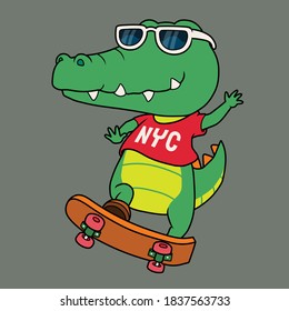 Cool crocodile playing skateboard. Shirt print.