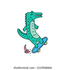 Cool crocodile riding a skateboard, illustration for t-shirt, sticker, or apparel merchandise. With doodle, retro, and cartoon style.