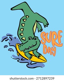 Cool crocodile surfing hand drawn illustration , ready for print on t-shirt and other uses  desing