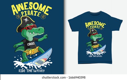 Cool crocodile surfing illustration with t-shirt design, Hand drawn