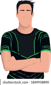 cool crossed arms body pose vector with black and green t-shirt uniform. young man cool pose