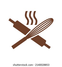 Cool crossed dough roller and egg beater with food steam icon at the top. Cool food logo design for bakery and pastries business.