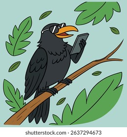 Cool crow on branch using smartphone