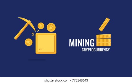 Cool cryptocurrency mining vector banner, golden pick computer processor, pile of gold coins flat picture