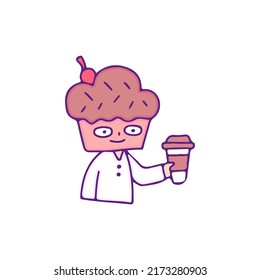 Cool cupcake man drink a cup of coffee, illustration for t-shirt, sticker, or apparel merchandise. With doodle, retro, and cartoon style.