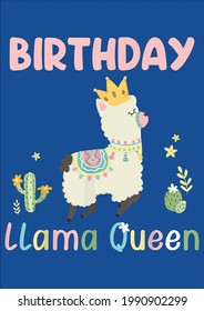 Cool Cute Alpaca Queen Llama Cactus Girls Birthday Party Vector Illustration Graphic Design for Document and Print