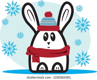 Cool cute bunny in winter hat and red scarf surrounded by snowflakes, in a cartoon style kawaii. Vector character bunny for kids. Symbol of the new year 2023