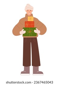 A cool cute carefree guy in outer winter clothes is holding a bunch of gift boxes.Concept for birthday, Valentine's day or holiday. Vector flat illustration