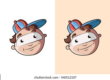Cool and cute cartoon boy face with red blue hat. Vector illustration