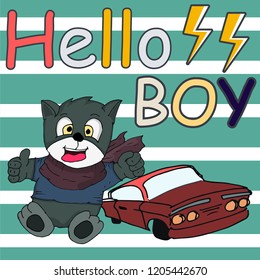 cool cute cat boy cartoon and vehicle on striped background illustration vector, T-Shirt and print design for kids.