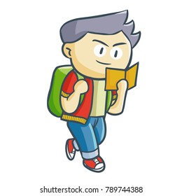 Cool and cute college student walking and reading - vector.