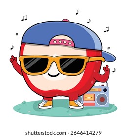 Cool And Cute Colorful Apple Fruit Cartoon Character Illustration Enjoying Music On The Radio