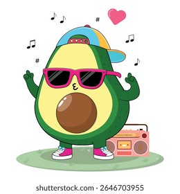 Ilustração De Personagem De Desenho Animado De Fruta De Abacate Colorido Legal E Bonito Desfrutando De Música No Rádio