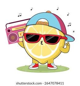 Cool And Cute Colorful Lemon Fruit Cartoon Character Illustration Enjoying Music On The Radio