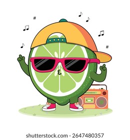 Ilustração De Personagem De Desenho Animado De Fruta De Lima Colorida Legal E Bonita Desfrutando De Música No Rádio