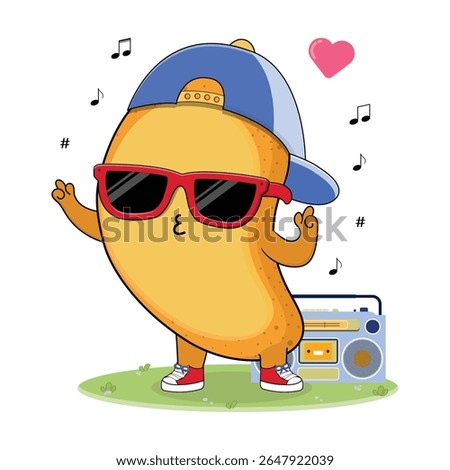 Cool And Cute Colorful Mango Fruit Cartoon Character Illustration Enjoying Music On The Radio