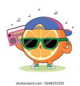 Ilustração De Personagem De Desenho Animado De Fruta Laranja Legal E Bonito Desfrutando De Música No Rádio