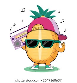 Cool And Cute Colorful Pineapple Fruit Cartoon Character Illustration Enjoying Music On The Radio