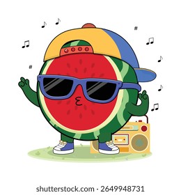Cool And Cute Colorful Watermelon Fruit Cartoon Character Illustration Enjoying Music On The Radio