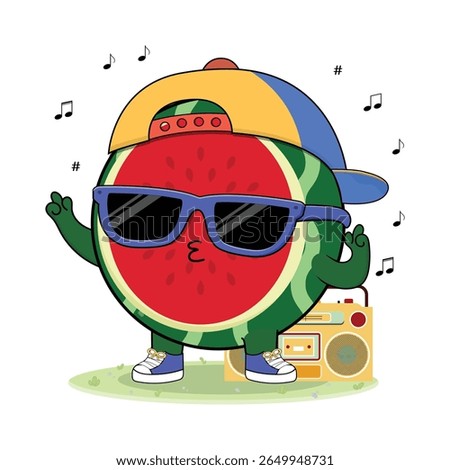 Cool And Cute Colorful Watermelon Fruit Cartoon Character Illustration Enjoying Music On The Radio