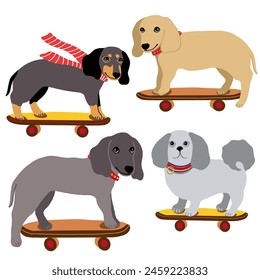 Cool cute dogs, labrador on a skateboard, pets, animals from the 80s - 90s vibes, skateboarding, skates, vintage, retro. Illustration vector.
