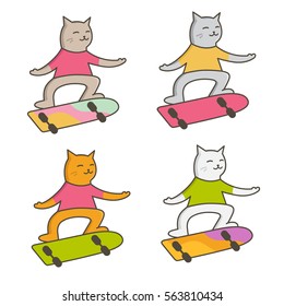 Cool cute hipster cat character skating on board vector illustration