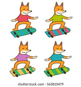 Cool cute hipster fox character skating on board vector illustration