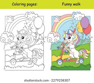 Cool cute little unicorn rolling on a scooter. Cartoon vector illustration. Kids coloring book page with color template. For coloring, education, print, game, decor, puzzle, design