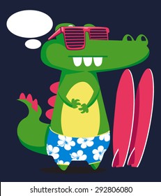 cool, cute monster crocodiles character. surfer, surf, surfboard