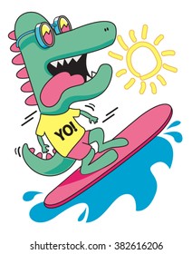 cool, cute monster crocodiles character. surfer, surf, surfboard