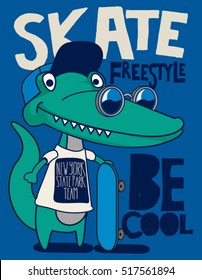 cool, cute monster crocodiles character. skate, skateboard