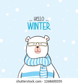 cool and cute polar bear with scarf. Kids illustration - Vector. Character doodle cartoon - Vector