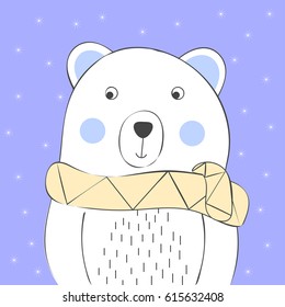 Cool and cute polar bear with scarf print hand drawn