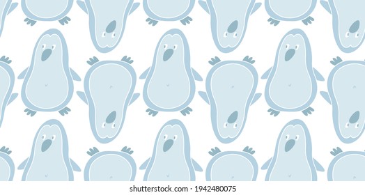 Cool and cute seamless pattern with blue penguins. Baby print for t-shirt, cover, personal diary, album, book, plate or cup. Background for poster, gift card, store signs with funny animals and birds.