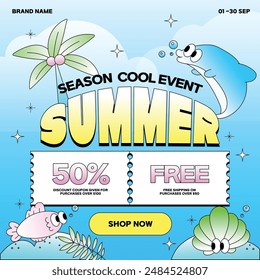 A cool and cute underwater hand-drawn illustration with sky blue and yellow, and a coupon summer season discount event template