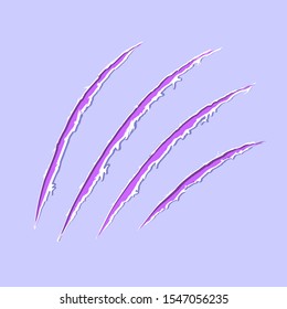 Cool cyber claws animal scratch scrape track. Cat tiger scratches paw shape. Four nails trace. Funny design element. Damaged cloth. Ragged edges. Isolated. Vector illustration.