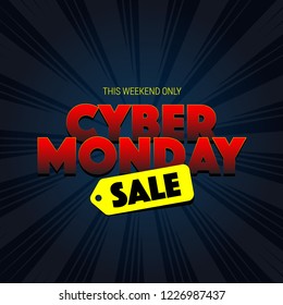 Cool Cyber monday print red gradient text sale this weekend only. Vector square banner on dark blue gradient background with rays. Email ad newsletter layouts. Black friday. 