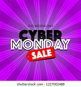 Cool Cyber monday print text sale this weekend only. Vector square banner gradient background with rays. Email ad newsletter layouts. Black friday. 