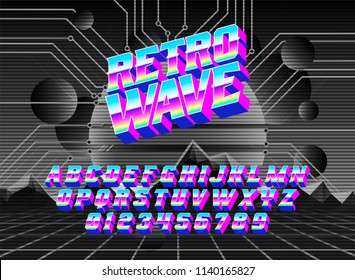 Cool cyber typeface Retro wave with cyberspace synth neon landscape. Good for bright captions and unforgettable logos.

